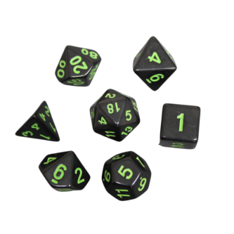 Juego de Dados DND Marmol Negro Medianoche y Verde Neon, Set de 7 Dados para Juegos de Rol