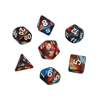 Juego de Dados DND Marmoleado en Marron Rustico y Azul Real Mezclado, Set de 7 Piezas, Dados para Juegos de Rol