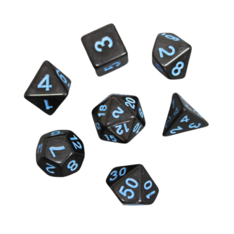 Juego de Dados DND Marmol Negro Medianoche y Azul Neon, Set de 7 Dados para Juegos de Rol con Bolsa