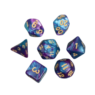 Juego de Dados DND Marmoleado en Azul Galaxia y Purpura, Set de 7 Piezas, Dados para Juegos de Rol