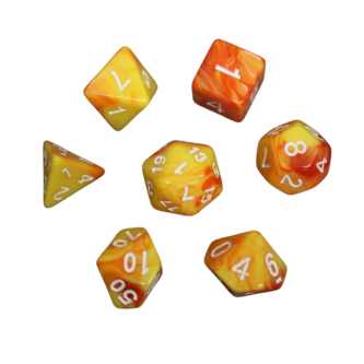 Juego de Dados de DND Marmol Naranja Fuego y Amarillo, Set de 7 Piezas, Dados para Juegos de Rol