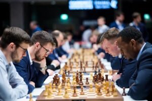 Intense chess battle among grandmasters radiating focus, skill, and strategy on stage.